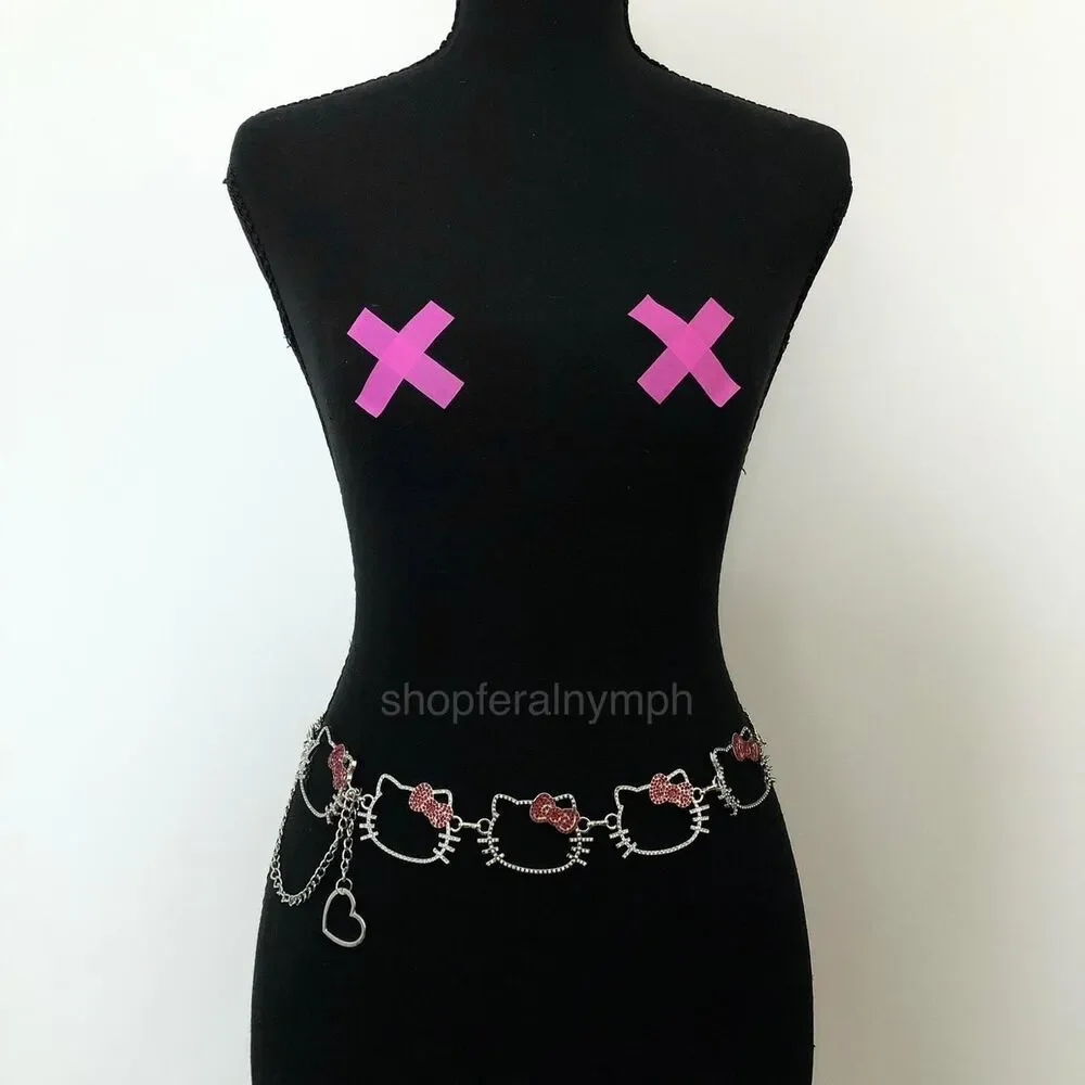 Y2K Kawaii Rhinestone Hello Kitty Chain Belt, Fits 13–37.5 Inches, X7GA1219